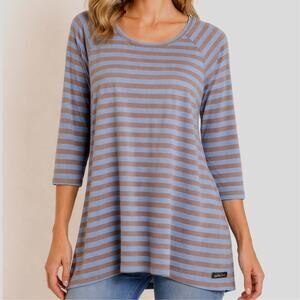 Matilda Jane Striped Tunic Top Medium 3/4 Sleeve Blue Brown Like New
